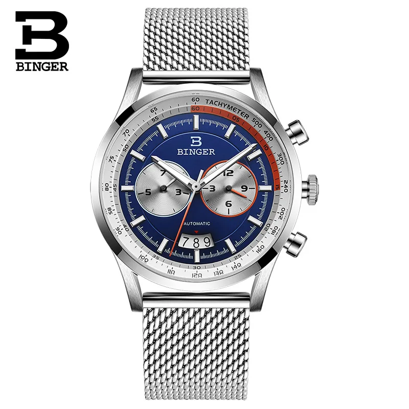 Швейцарский бренд Бингер, автоматические часы для мужчин, наручные часы из нержавеющей стали, роскошные механические часы, мужские часы - Цвет: Синий