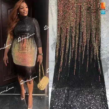 

Gold And Black Gradient Color Sequins Net Lace Fabric Elastic Soft Style African High Quality 2020 Sequined Embroidered Fabrics