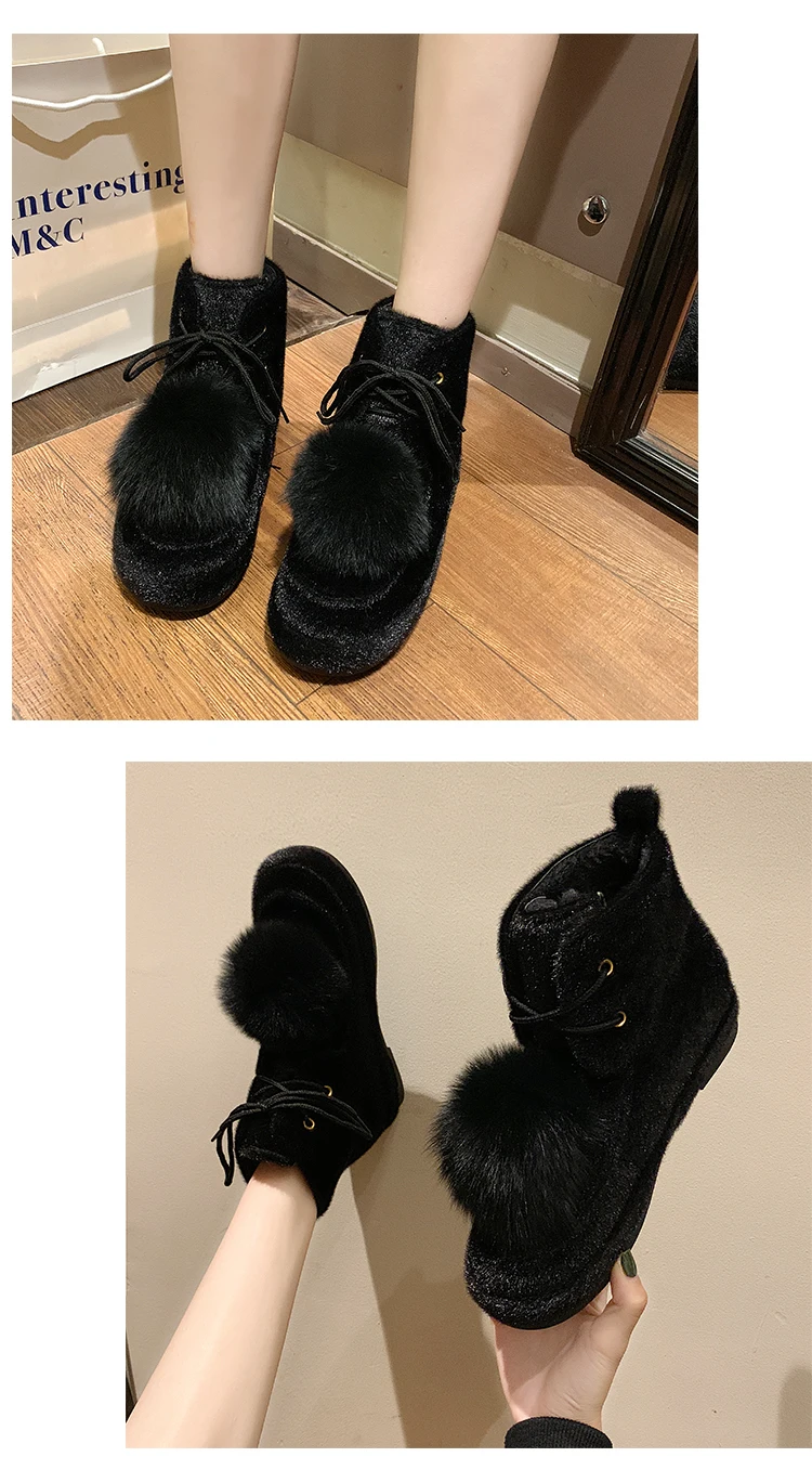 Женские зимние ботинки; коллекция года; Зимние Модные ботильоны для женщин; обувь на плоской подошве; теплые зимние ботинки на шнуровке с помпонами; женская обувь