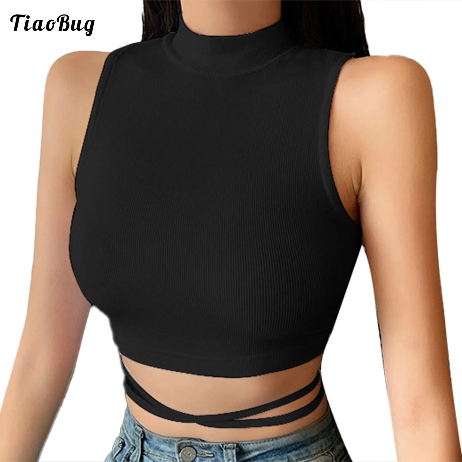 

Summer Women Sexy Pure Color Vest Crop Top High Neck Sleeveless Open Lower Back Sash Around Waist Self Tie Back Slim Fit T-Shirt