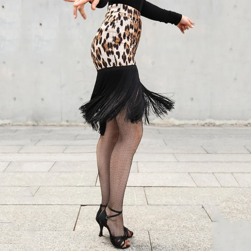Leopard New Latin Dance Leopard Skirt Women Black Fringe Skirt Competition Tassel Costume Cha Cha Rumba Samba Dance Dress Latin BL2884 - Цвет: Leopard
