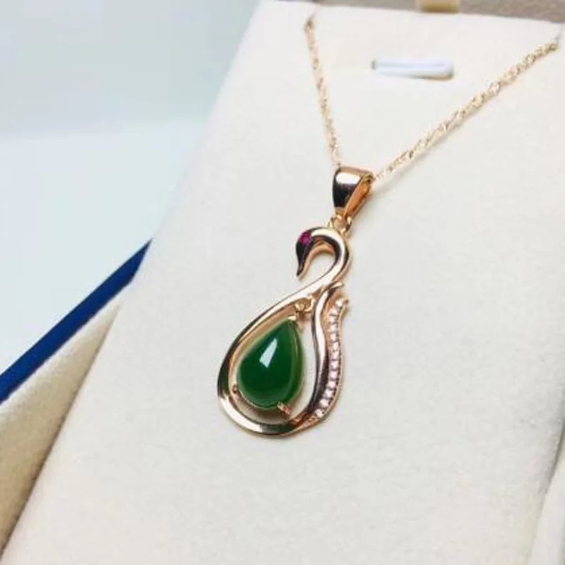 Natural Hetian Jasper Charm Pendant 925 Silver Emerald Gilt Chain Swan Shape Design Blessing Lucky Necklace Pendant Gifts
