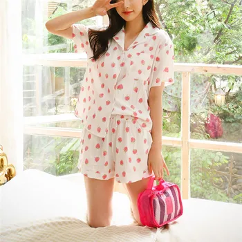 

strawberry print cute shorts pajamas women cotton home suit comfortable soft short sleeve shirts sleepwear ladies pyjamas Y067