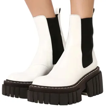 

Brand Design Genuine Leather Elastic Force Women Ankle Boots Thick Bottom slip on Fashion Platform White Short Botas Mujer 2020