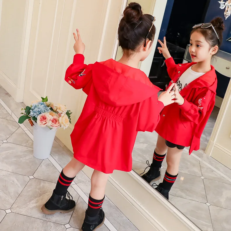 

2019 New Style Korean-style CHILDREN'S Jacket Girls Spring Clothing Big Boy Children Embroidery Lettered Waist Hugging Trench Co