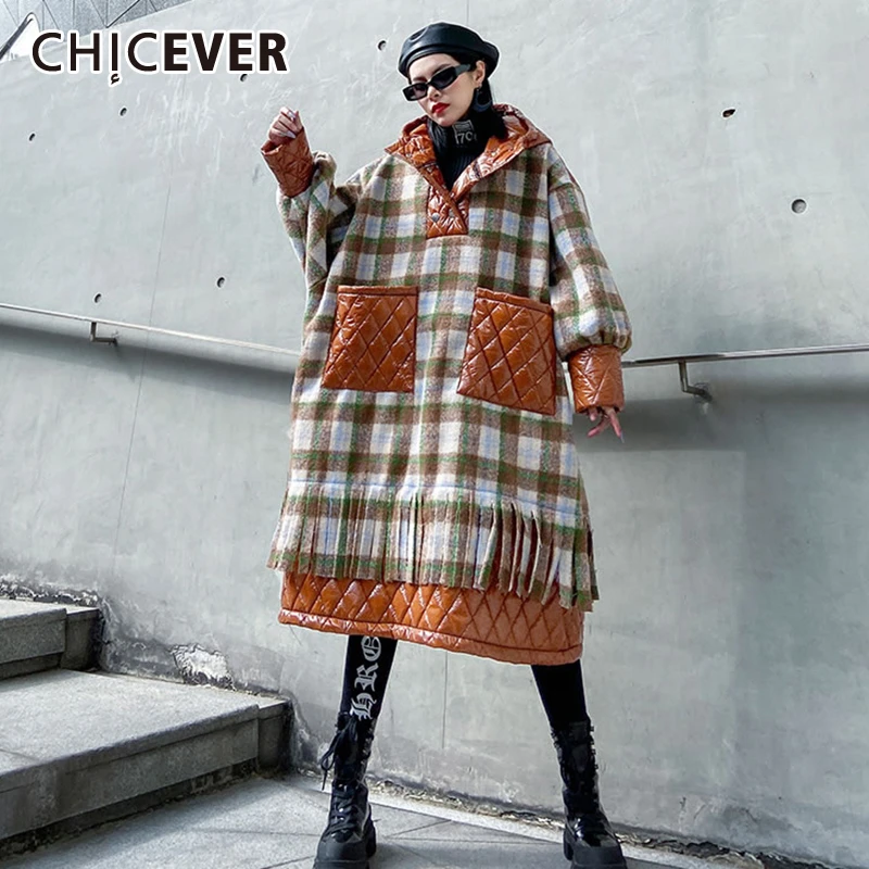 CHICEVER лоскутное плед хит цвет кисточкой Женская толстовка с капюшоном фонарь рукав оверсайз свободные пуловеры женские одежда