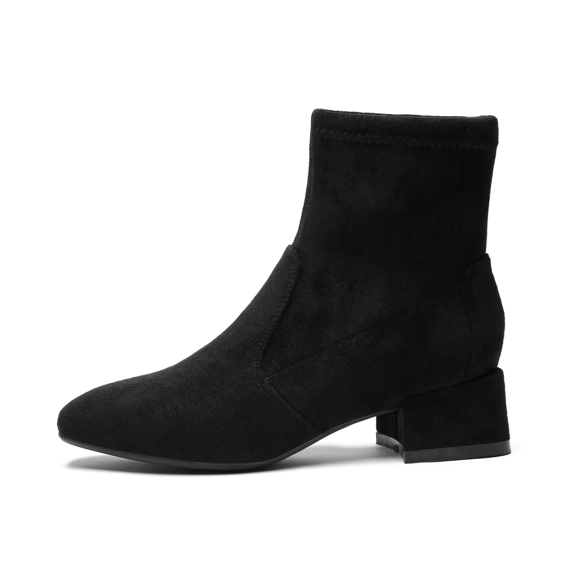 black fur Обувь; женские полусапожки; ботильоны из флока на квадратном среднем каблуке с квадратным носком; сезон осень-зима; теплые короткие плюшевые зимние сапоги без застежки - Цвет: black fur