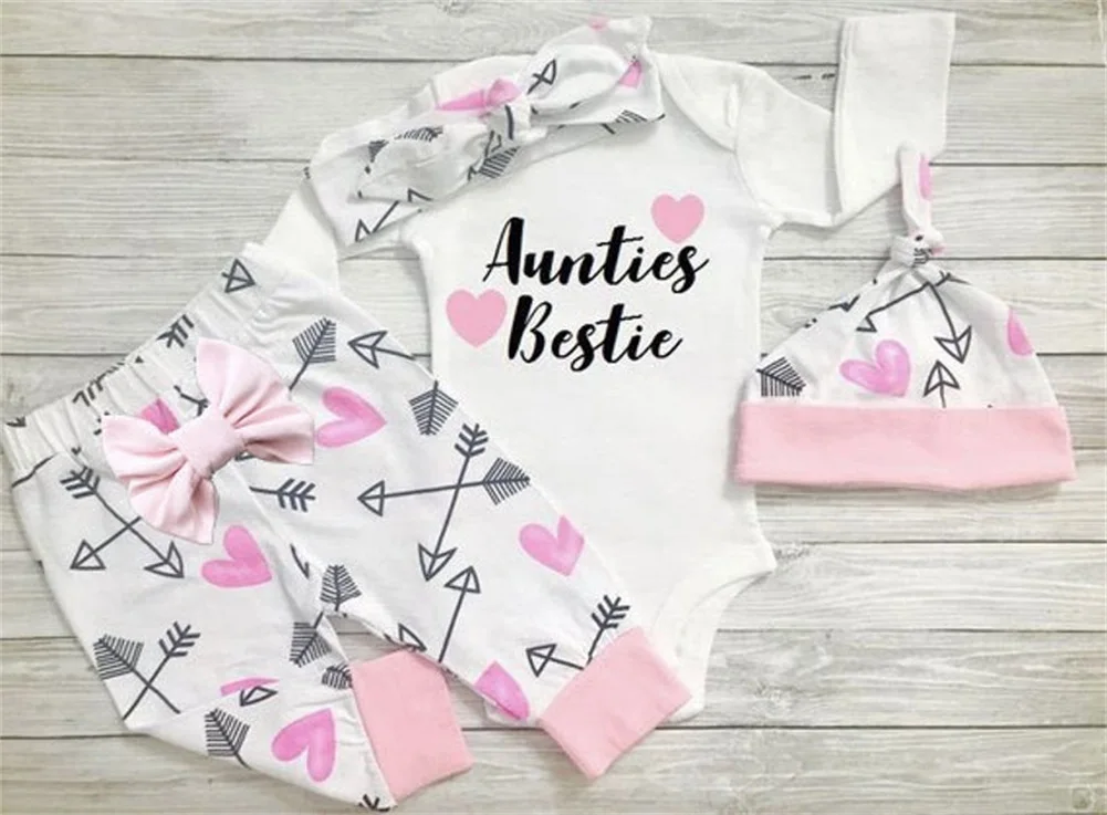 Toddler Girl Clothes Baby Girl Bodysuit Jumpsuit+Pant+ Headband+Hat 4pcs Newborn Infant Clothes Outfit