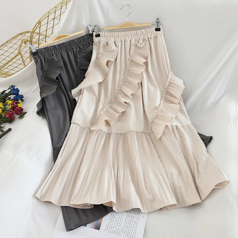 Новая женская юбка с рюшами, длинная юбка, тонкая юбка до середины икры, юбка в стиле ампир, Женская плиссированная юбка, несимметричная юбка трапециевидной формы