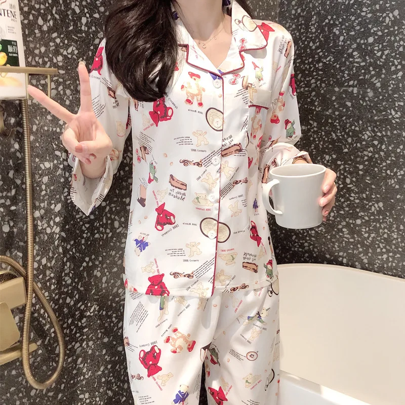

New Style Pajamas Women's Autumn Viscose Long Sleeve Korean-style Thin Two-Piece Set-Outer Wear Sexy Silk Home Wear