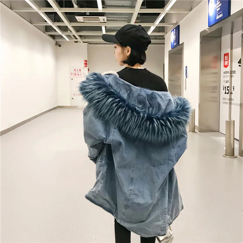

2019 Winter New Style Thick Lamb's Wool Jeans Coat Student Korean-style Mid-length Large Fur Collar Cotton-padded Clothes Fashio