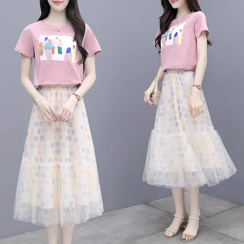

New Popular Two Piece Set Dress Summer New Fashion Short Sleeve Slim Dot Print Skirt Set Women Clothes