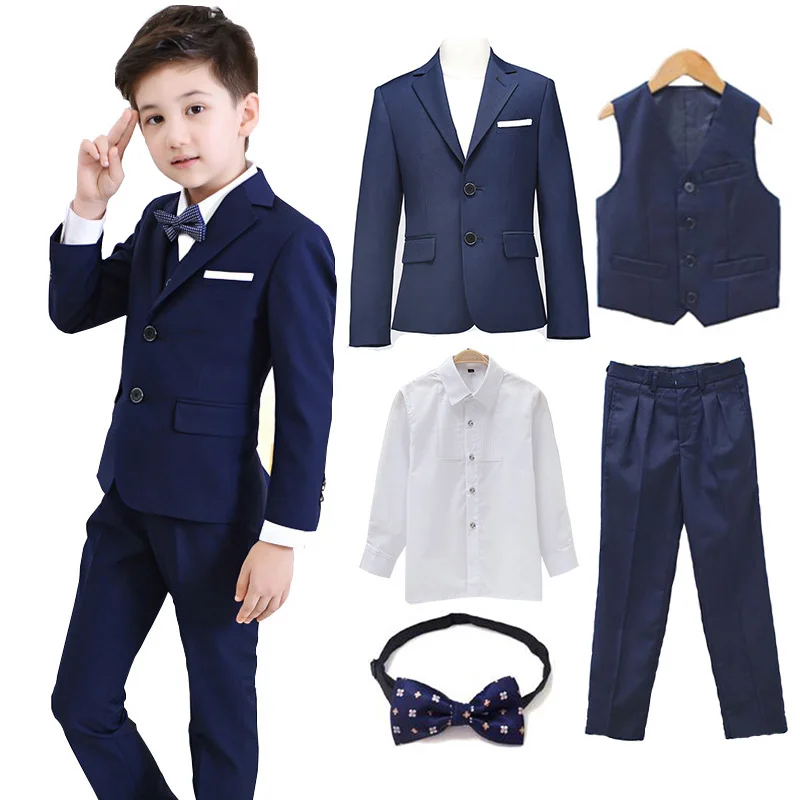 Ceny 5 sztuk zestaw chłopcy Blazer garnitury zestaw (garnitur + spodnie + kamizelka + koszula + krawat) Kid Boy garnitury na wesele Blazer kostium Garcon formalne szkoła nosi
