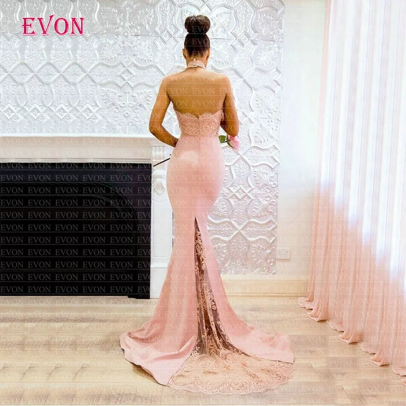 Сексуальное розовое атласное с юбкой-русалкой вечернее платье Vestidos De Fiesta De Noche на бретельках, с открытой спиной, кружевное официальное вечернее платье De Soiree