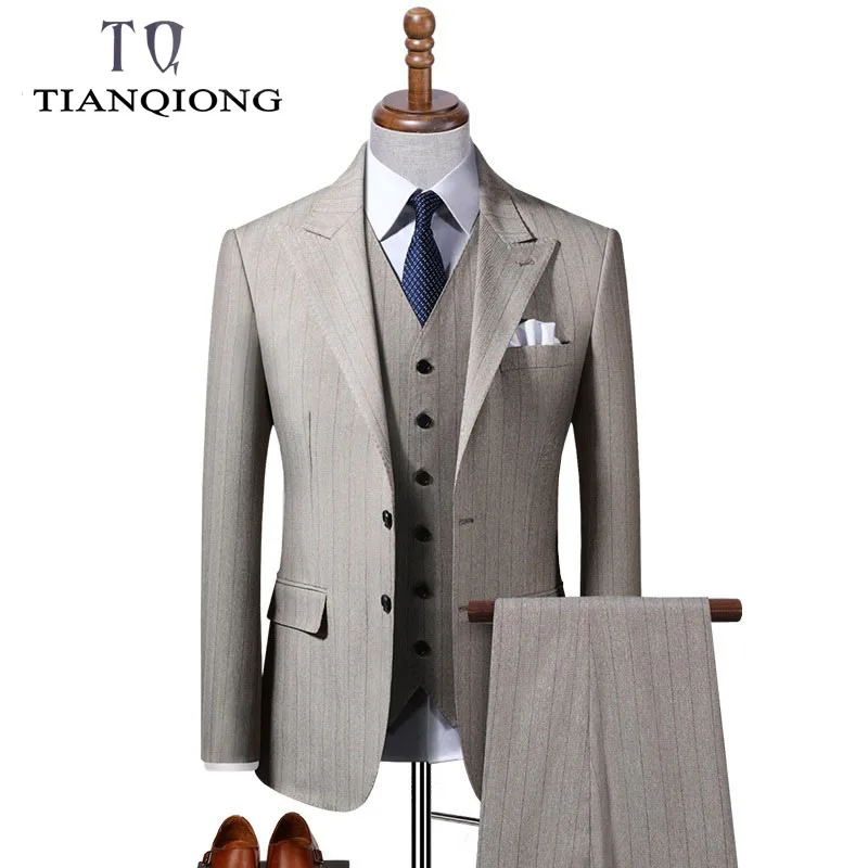 TIAN QIONG Brand Stripe Wedding Suits For Men Slim Fit Mens Business
