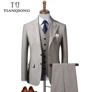 TIAN QIONG-trajes de boda a rayas para hombre, traje de negocios entallado, traje de lana de alta calidad, chaqueta Formal + Pantalones + chaleco