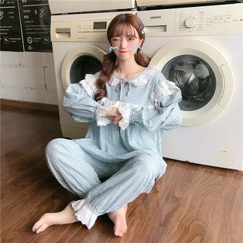 

Autumn and winter new Korean version of sweet lace small fresh lattice princess style girl pajamas leisure home clothes