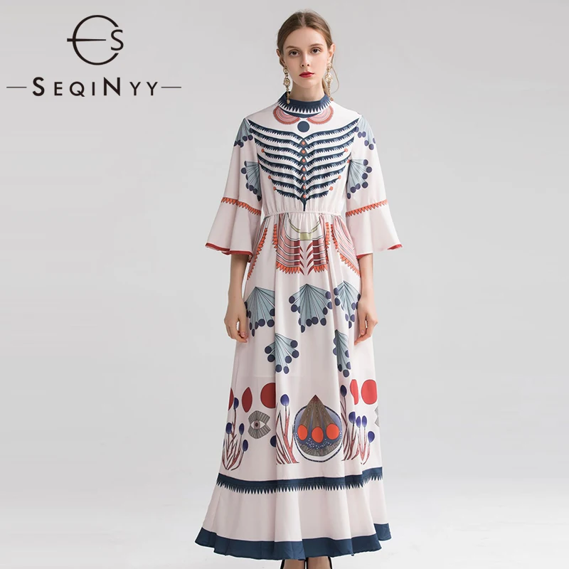 SEQINYY, винтажное платье, лето-весна, модный дизайн, рукав-клеш, женское розовое длинное платье с цветочным принтом