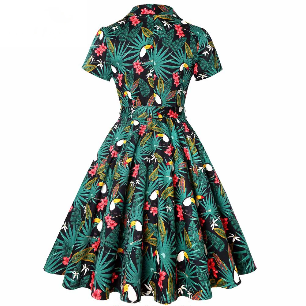 Попугай животных печатный пальмовый цветок 50s 60s винтажное платье плюс размер цветочный хлопок туника для женщин дамы качели рокабилли платья
