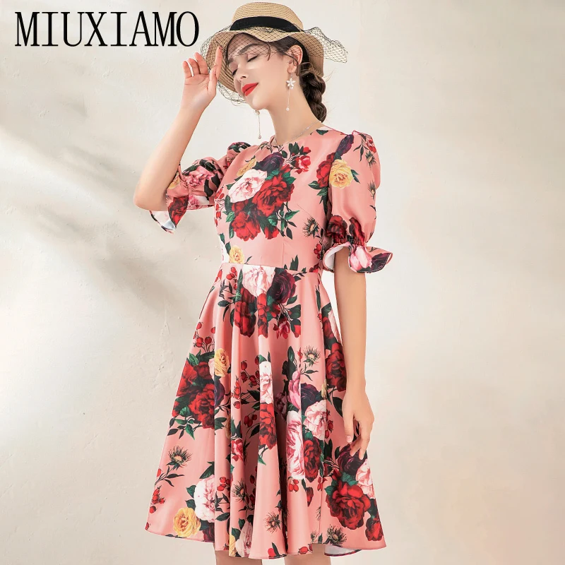 MIUXIMAO, высокое качество, осень и весна, Роскошное винтажное платье с расклешенными рукавами и цветочным принтом, Элегантное повседневное платье для женщин, Vestidos