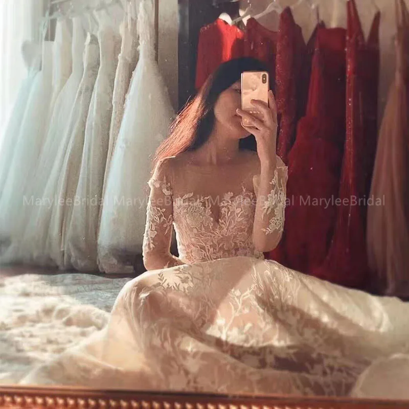 Романтическое кружевное свадебное платье vestido de noiva прозрачный тюль с длинным рукавом трапециевидной формы с шлейфом vestido de noiva Невеста-принцесса платье