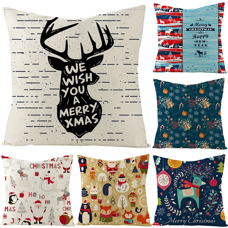

Merry Christmas Cushion Cover 45x45cm Linen Pillow Cover Cartoon Bird Tree Printed Pillowcover For Sofa Office Home Bedding