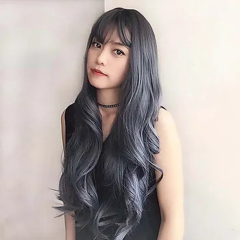 

Women's long curly hair blue big wave air bangs medium long hair lovely thin face full head set