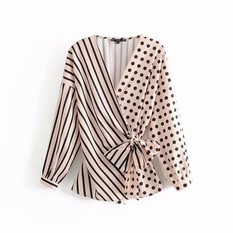 Женская блузка в горошек с перекрестным v-образным вырезом, Лоскутная Блуза в полоску, рубашки, Женские кимоно с бантом и поясом, блузы, шикарные сорочки, топы LS3515