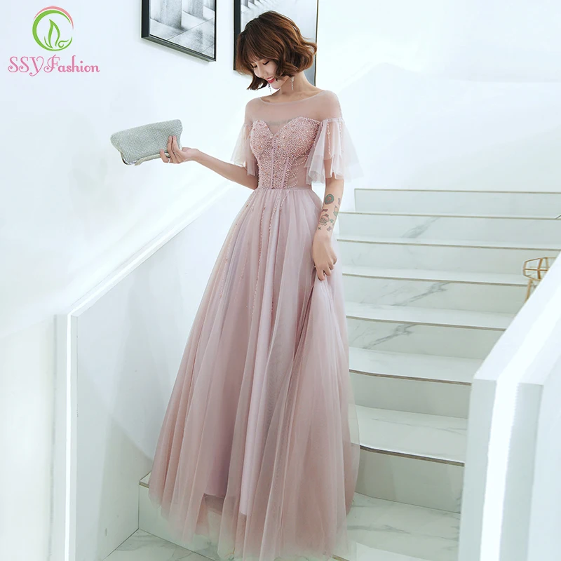 

SSYFashion New Sweet Pink Evening Dress for Women Scoop Short Sleeve A-line Sequins Beading Party Forma Gowns Vestido De Novia