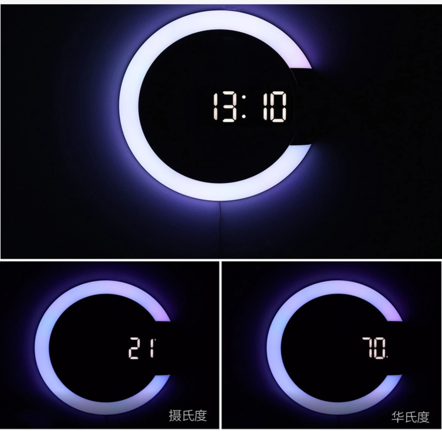 white clock 7 Colors Modern LED Digital Watch Alarm Clock Mirror Hollow Wall Clock Temperature Nightlight For Home Living Room Decorations silent clock