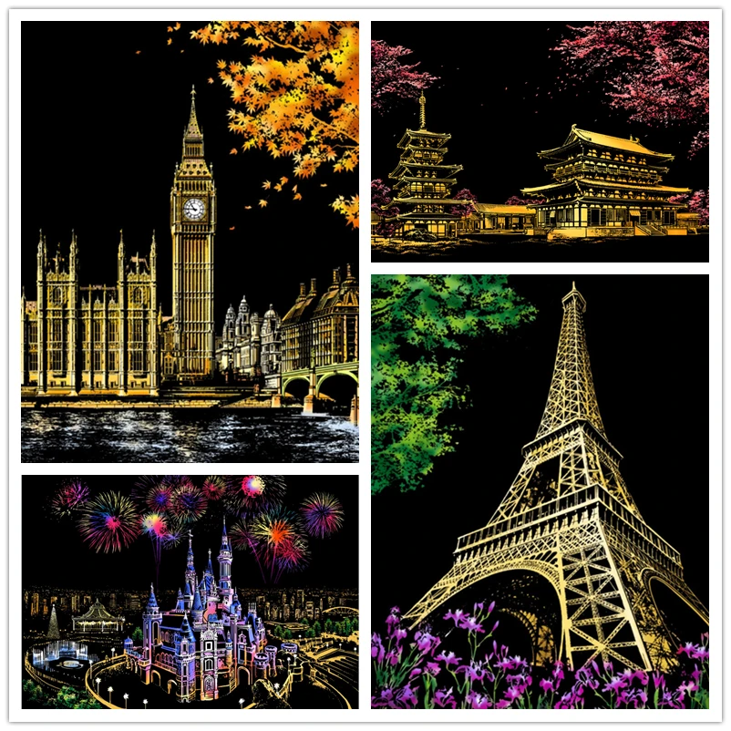 

40.5x28.5 CM DIY Manual Famous City Night View Scraping Painting Creative Colorful Handmade Night View Scratch Drawing Toys