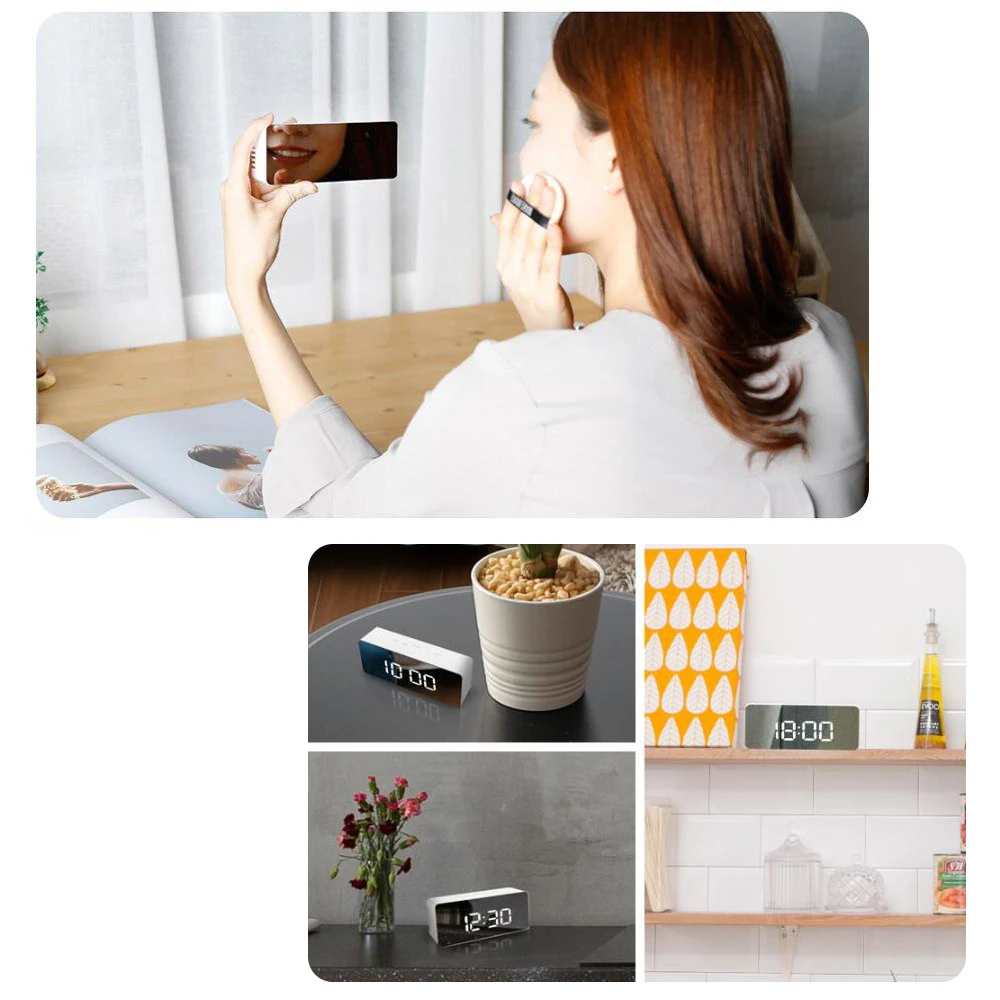 Digital Mirror LED Display Alarm Clock Temperature Calendar USB/AAA Powered Electronic Multifunction Snooze Desk Clock