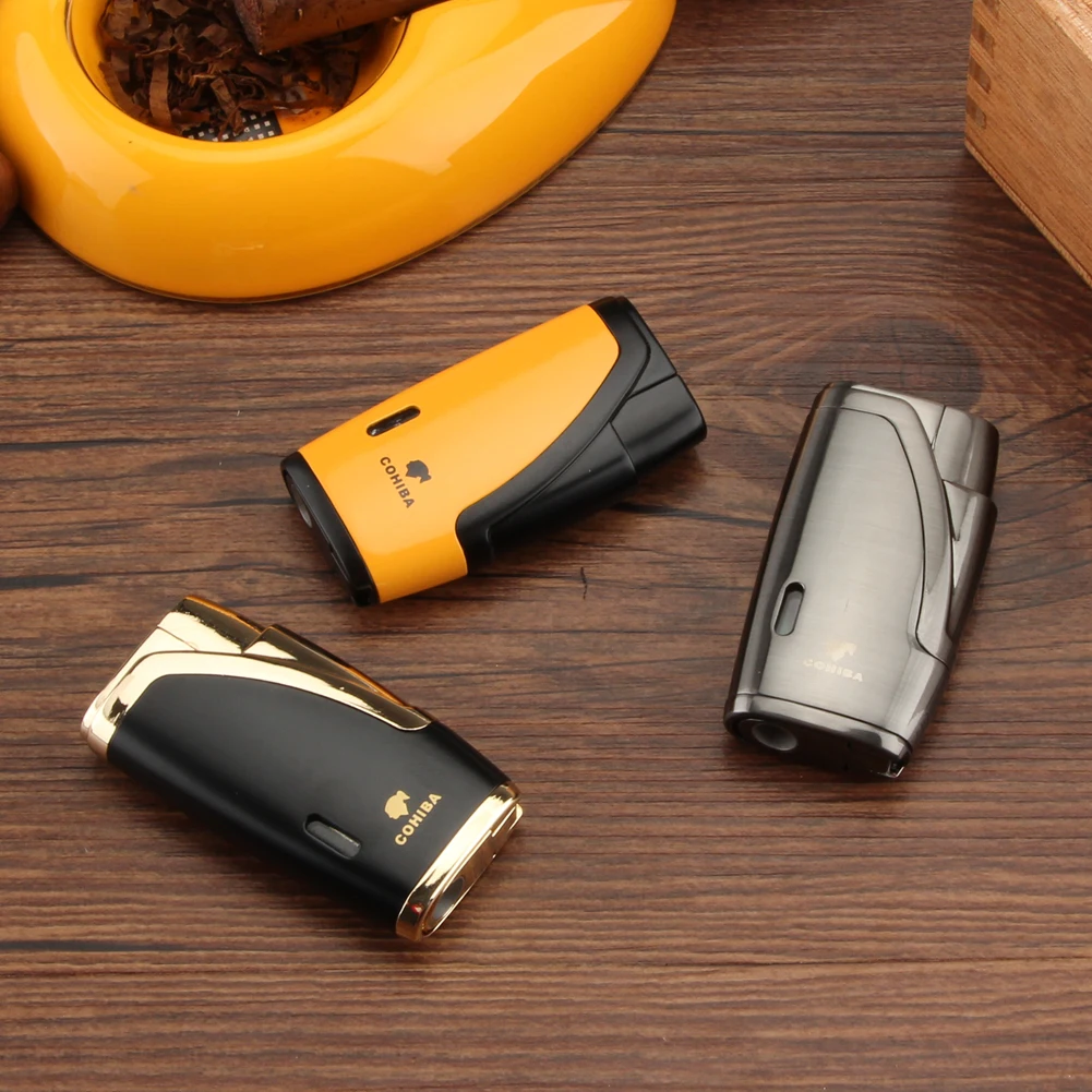 COHIBA металлические зажигалки для сигар, ветрозащитный роскошный 2 струйный фонарь, зажигалка для сигарет, карманная газовая зажигалка, Бутан, встроенный портсигар