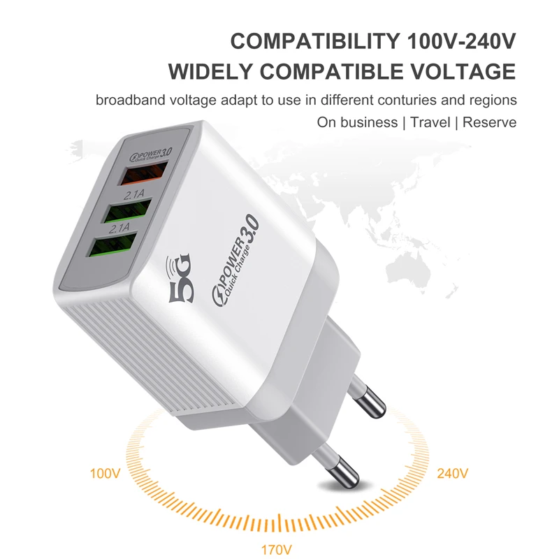 Lovebay 3 порта быстрое зарядное устройство QC3.0 USB ЗУ для мобильного телефона 2.1A EU US UK настенное зарядное устройство адаптер для iPhone XS 11 Pro Xiaomi