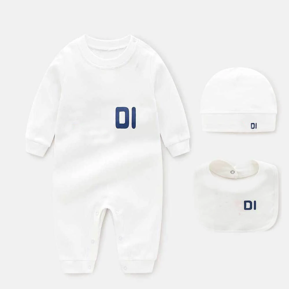 

summer Fashion newborn baby clothes sets lovely Letter long sleeved Cotton toddler girl boy romper Bibs and Hat infant clothing