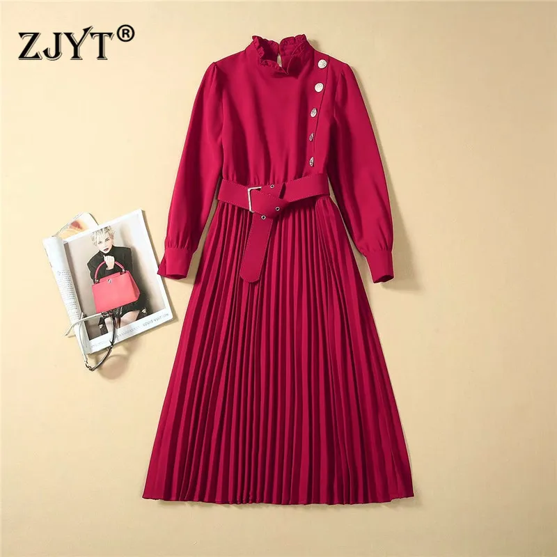 

Autumn Lady Elegant Dress High Quality Women's Runway Designer Long Sleeve Pleated Vintage Casual Party Dresses Female Vestidos