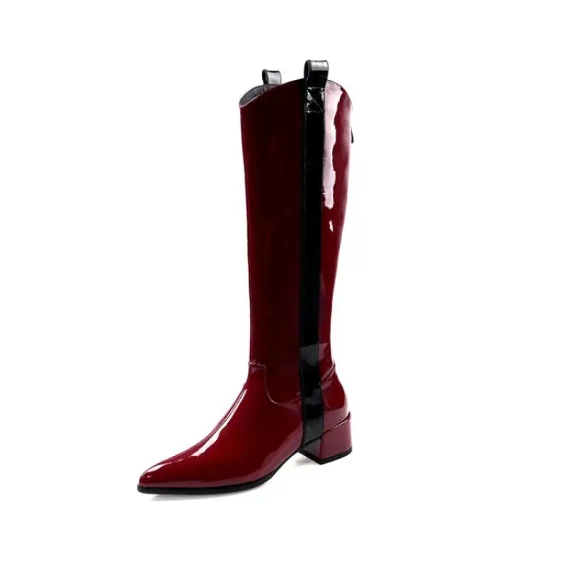 red Buono Scarpe/женские высокие сапоги из лакированной кожи; брендовая Дизайнерская обувь на массивном каблуке; Разноцветные сапоги с острым носком; женская обувь; Большой размер 42 - Цвет: red