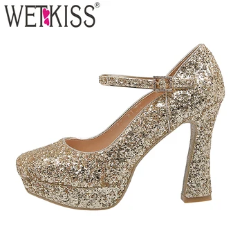 

WETKISS Sequined Pumps Women Platform Mary Janes Pumps Square Toe High Heels Shoes Female Wedding Bling Shoes Ladies Autumn 2019