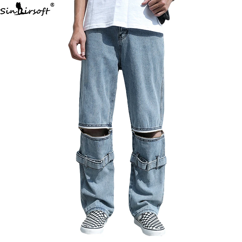 

Men's Four Seasons New Personality Zipper Removable Jeans Men Tide Brand Loose Trend Straight Wide Leg Casual Jeans Men