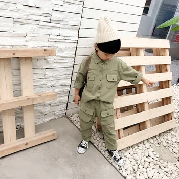 

5277 Children Clothing Autumn Winter Boys Big Pockets Coat+Casual Pant Kids 2pcs Outfit Cool Boys Clothing Set 1-7Years