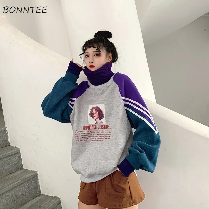 Женские пуловеры с длинным рукавом теплые лоскутные водолазки принтом в стиле