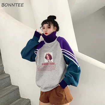 

Hoodies Women Pullovers Long Sleeve Thicker Printed Harajuku Womens Patchwork Turtleneck Leisure Warm Trendy Hoodie Ladies Coats