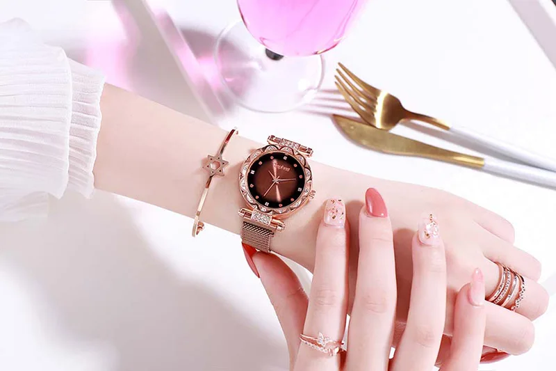 Роскошные женские магнитные часы relogio feminino, градиентные стразы, Женские кварцевые наручные часы из нержавеющей стали, часы в подарок