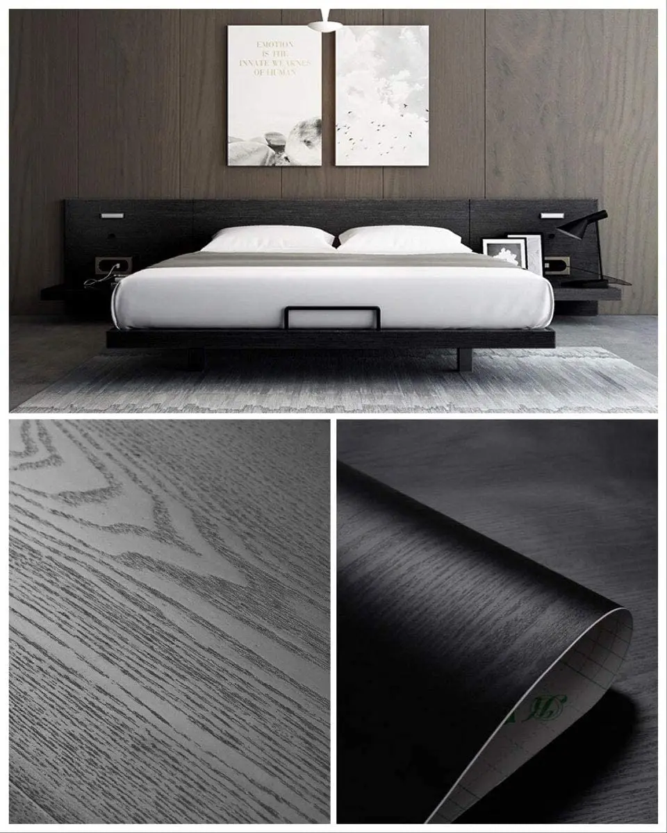 Peel and Stick Paper Black Wood Peel and Stick Paper Decor Self-Adhesive Film For Furniture Surface Thickening Upgrade Reduces Bubble Generation