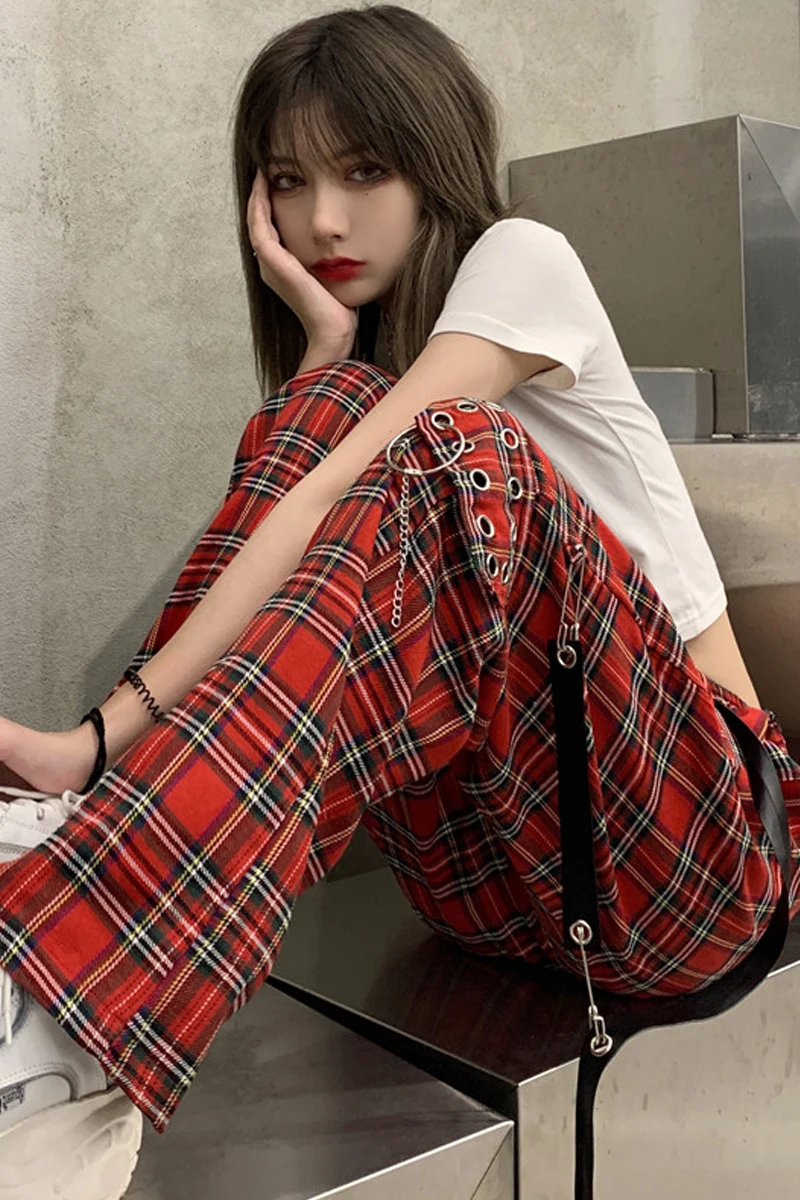 Women's Harajuku Retro Wide Leg Pants Loose High Waist Casual Punk Red Plaid Cargo Mopping Pants