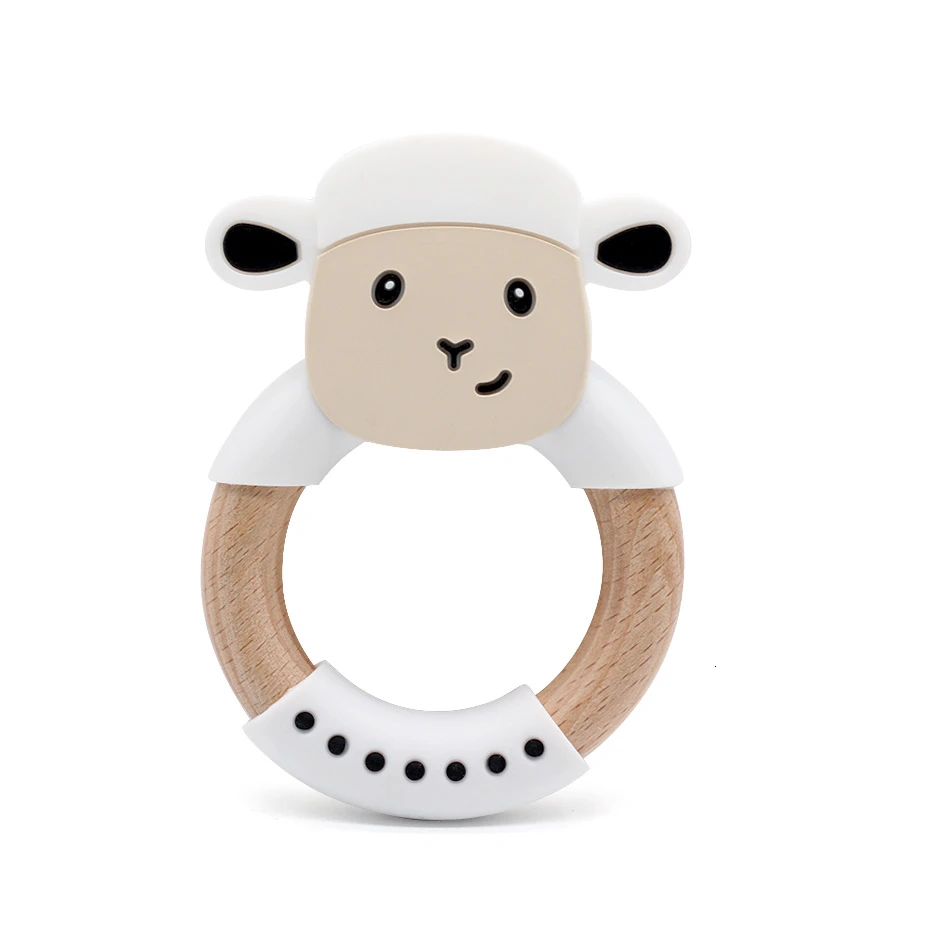 Silicone Sheep Elephant Beech Wooden Teether Wooden Teething Ring Cute Baby Rattles Teething Toy For Baby Nursing Pendant - Color: White