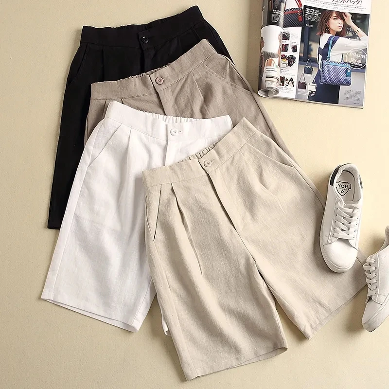 Shorts de algodão feminino com zíper, calça