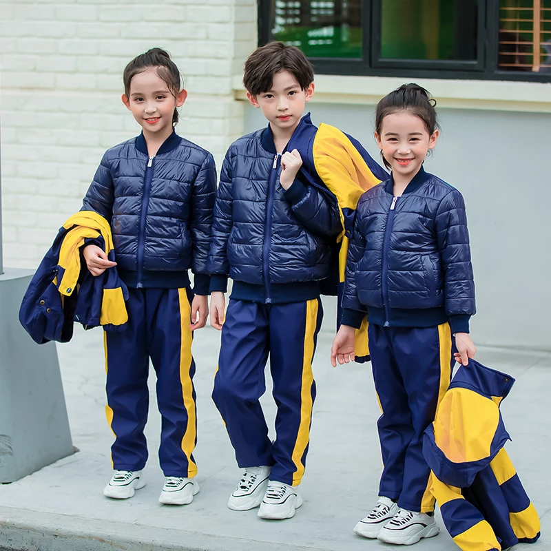 

2020 hot winter autumn sports Blue yellow school Uniforms kids Splicing contrast hat+ Jacket+cotton coat+pants Children's suit
