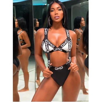 

ESSV 2019 Brazilian Letter OMG Bikini Set Women Swimsuit Sexy Bandage Halter Swimwear Muslin Bikinis Summer Beachwear Biquini