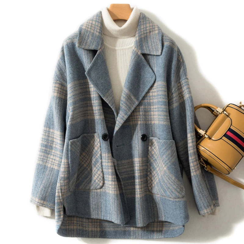 water blue plaid KMETRAM зимнее пальто женское шерстяное пальто Женская куртка осень двухстороннее шерстяное пальто Корейская клетчатая куртка Manteau Femme MY - Цвет: water blue plaid